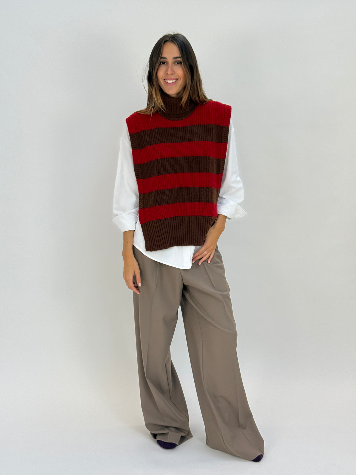 DAV05R Gilet righe collo alto - 22 MORO-ROSSO