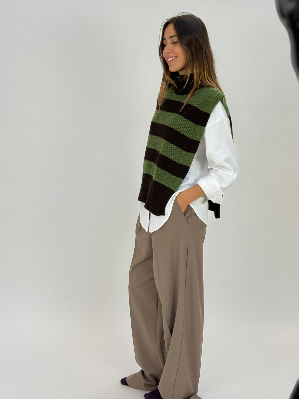 DAV05R Gilet righe collo alto - 24 EBANO-SOTTOBOSCO