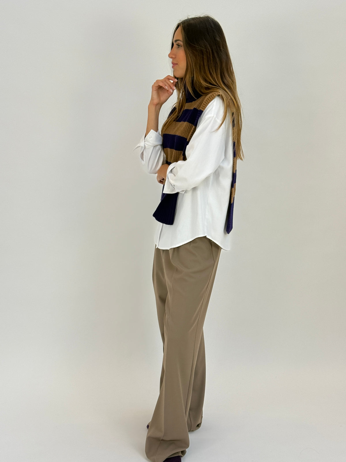 DAV05R Gilet righe collo alto - 25 MIRTILLO-CAMMELLO