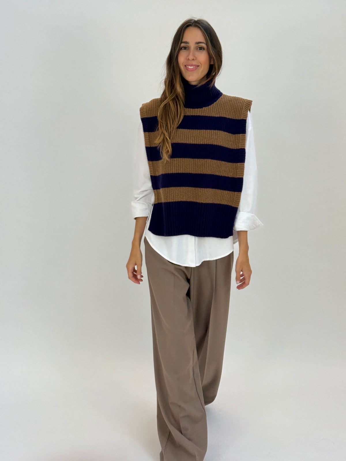 DAV05R Gilet righe collo alto - 25 MIRTILLO-CAMMELLO