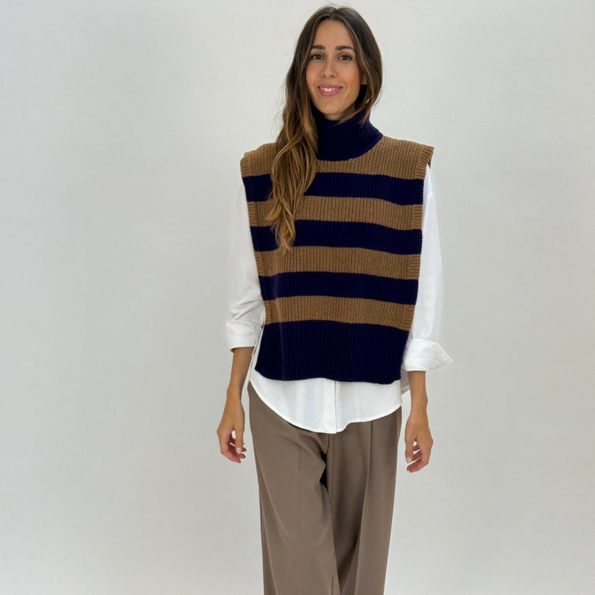 DAV05R Gilet righe collo alto - 25 MIRTILLO-CAMMELLO