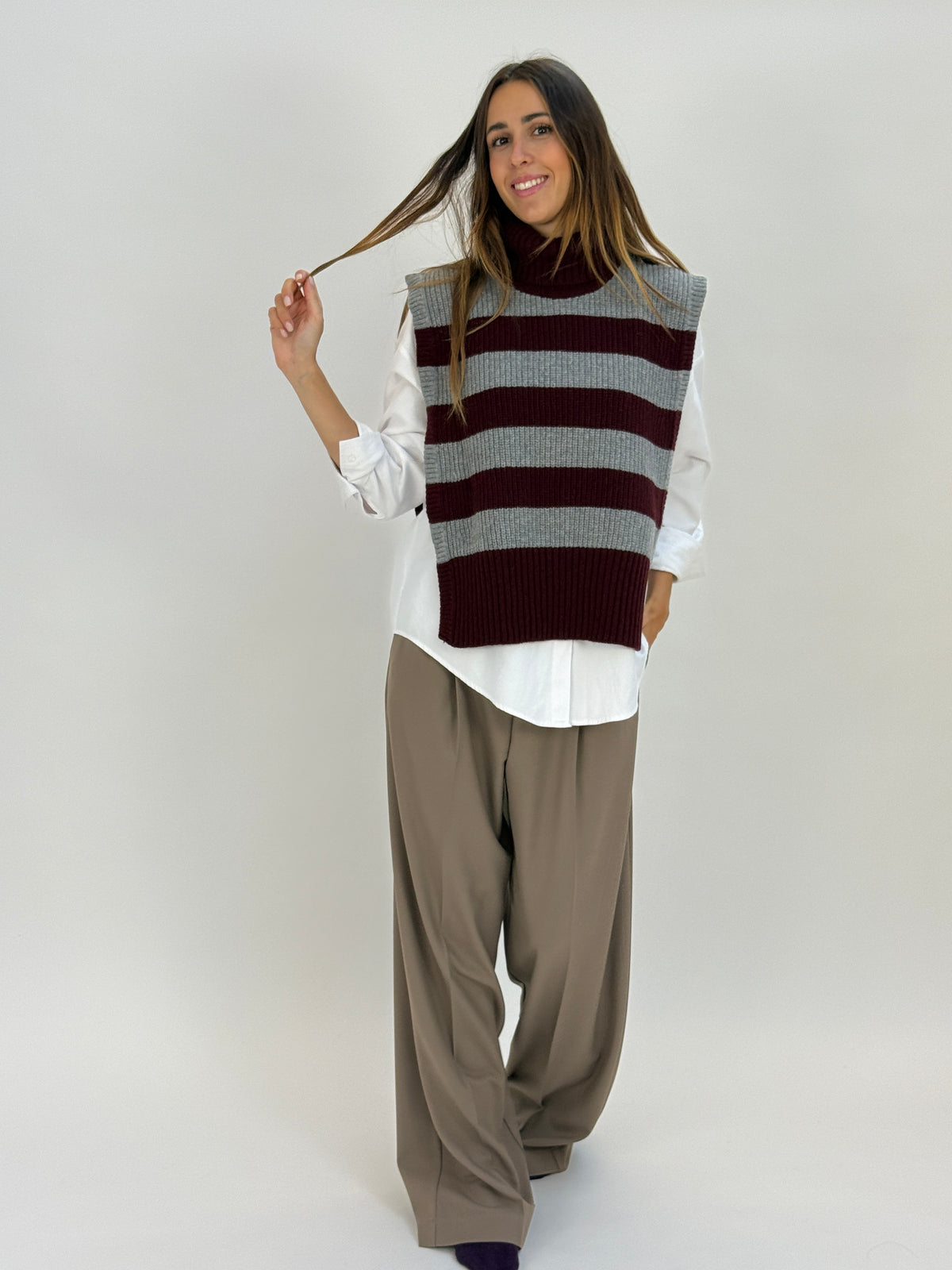 DAV05R Gilet righe collo alto - 26 GRANATA-GRIGIO